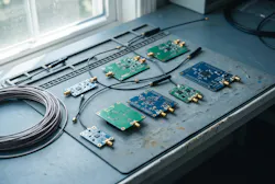 An evaluation bench with several bare radio boards, coaxial leads and small antennas, the hardware a receiver selection compares. No real product or site is depicted.