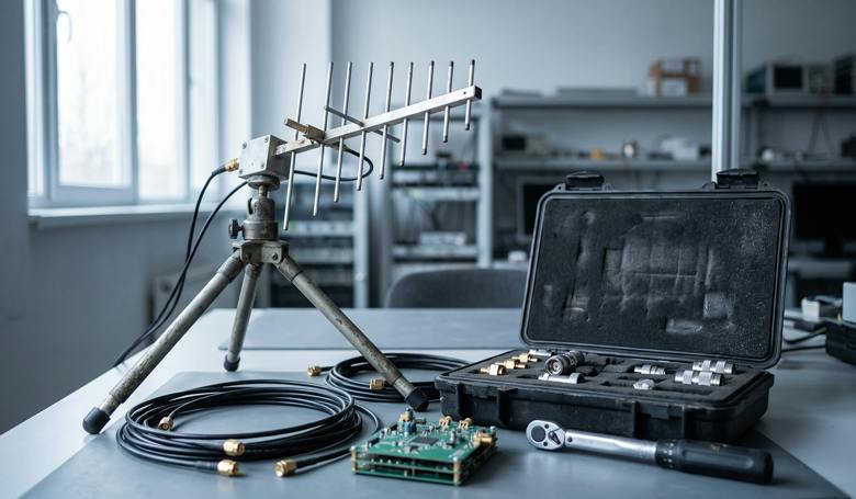 An RF integration bench: a log-periodic antenna on a bench tripod, coaxial leads with SMA connectors, a bare radio board and a case of adapters. No real site or product is depicted