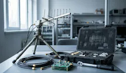 An RF integration bench: a log-periodic antenna on a bench tripod, coaxial leads with SMA connectors, a bare radio board and a case of adapters. No real site or product is depicted